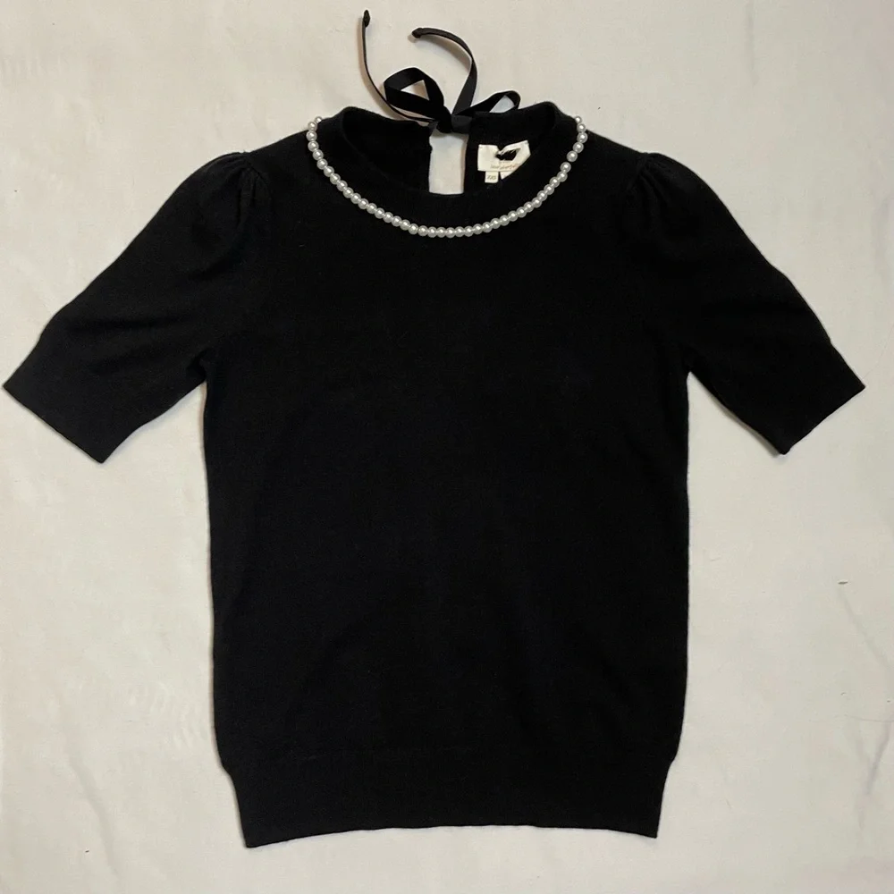New Kate Spade Black Pearl-Embellished Short-Sleeve Sweater Size XXS